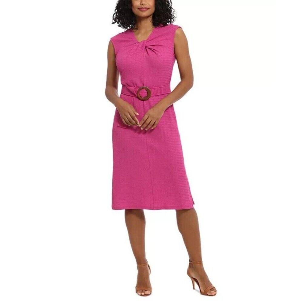 London Times Women's Twist-Neck Belted Midi Dress Stretchy Jersey-knit Pink 16